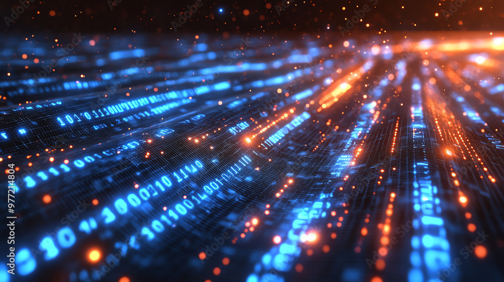 Vibrant digital data stream with glowing binary numbers and particles, representing technology and cyber connectivity. Vibrant digital data stream with glowing binary numbers and particles, representing technology and cyber connectivity.