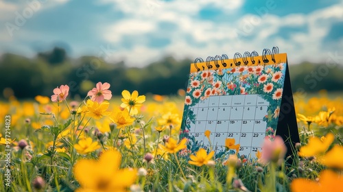 Mockup calendar 2025 with a vibrant meadow background, fresh and bright, natural elements, stylish typography