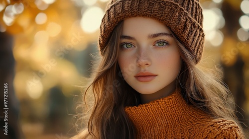 Young Woman in Cozy Knit Hat and Sweater Playfully Enjoying Autumn Outdoors