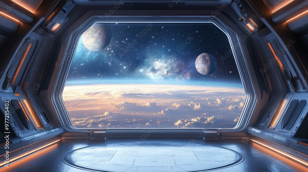 Modern podium in a space station, massive window overlooking a galaxy, distant planets Modern podium in a space station, massive window overlooking a galaxy, distant planets