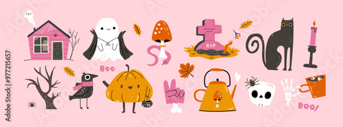 Retro cute Halloween illustration set