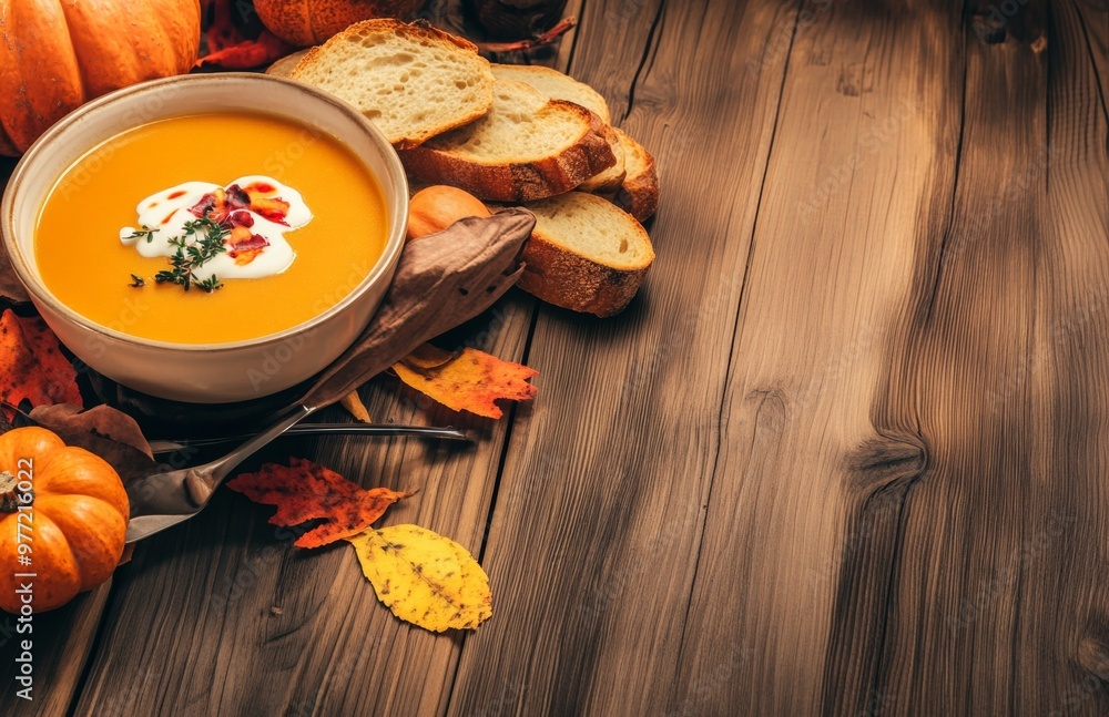 Creamy pumpkin soup served in a black bowl, garnished with fresh herbs and seeds, surrounded by autumn elements like bread and pumpkins. Creamy pumpkin soup served in a black bowl, garnished with fresh herbs and seeds, surrounded by autumn elements like bread and pumpkins.