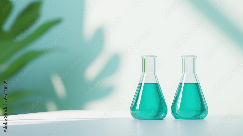 Two laboratory flasks containing green liquid stand on a table with soft natural light in a modern setting. Two laboratory flasks containing green liquid stand on a table with soft natural light in a modern setting.
