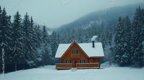 A charming wooden cabin surrounded by snowy trees, creating a tranquil winter landscape in the mountains. photo