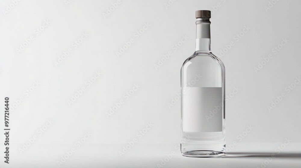 A clear vodka bottle with a minimalist label design, isolated against a stark white background.