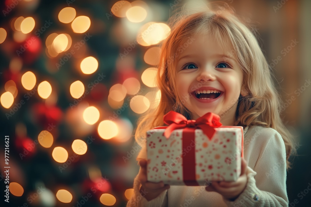A cute little girl is holding out her Christmas present smiling and laughing with joy, christmas tree and bokeh lights in the background A cute little girl is holding out her Christmas present smiling and laughing with joy, christmas tree and bokeh lights in the background