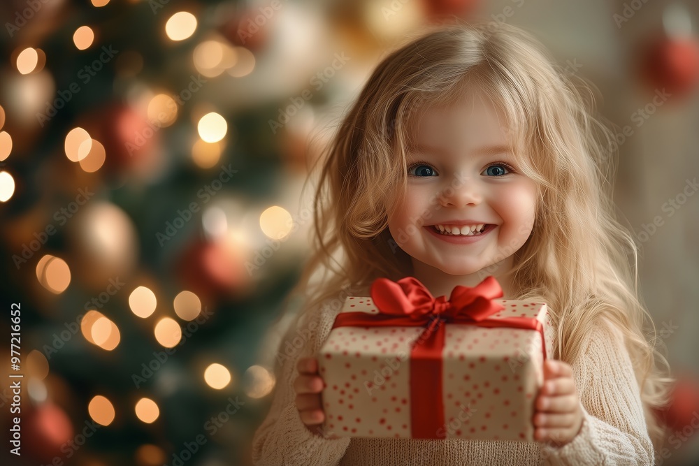 A cute little girl is holding out her Christmas present smiling and laughing with joy, christmas tree and bokeh lights in the background A cute little girl is holding out her Christmas present smiling and laughing with joy, christmas tree and bokeh lights in the background