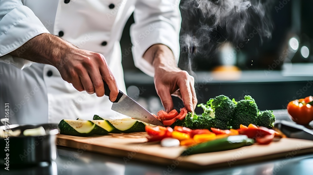A chef skillfully chopping fresh vegetables on a wooden cutting board in a vibrant kitchen, showcasing culinary art and preparation. A chef skillfully chopping fresh vegetables on a wooden cutting board in a vibrant kitchen, showcasing culinary art and preparation.