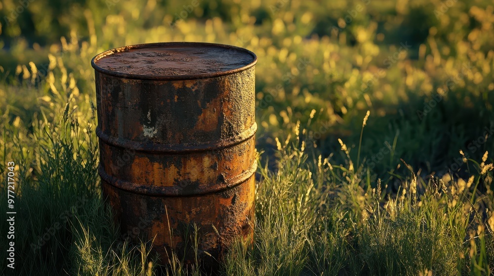A beautifully lit, ultra-realistic image of a weathered, rusted 55-gallon oil drum in a rugged outdoor environment A beautifully lit, ultra-realistic image of a weathered, rusted 55-gallon oil drum in a rugged outdoor environment