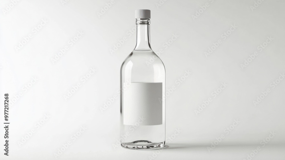 A clear vodka bottle with a minimalist label design, isolated against a stark white background. A clear vodka bottle with a minimalist label design, isolated against a stark white background.