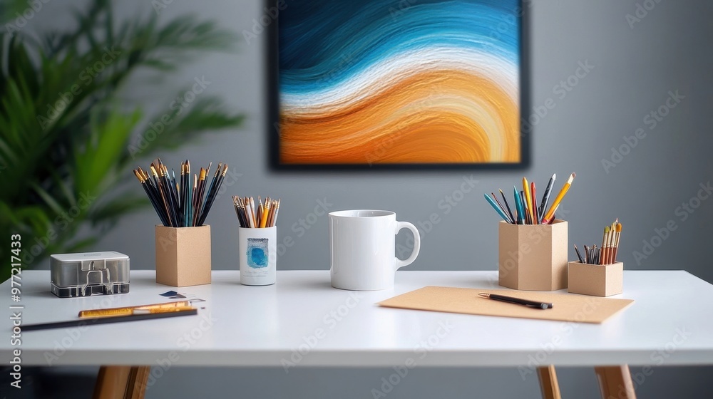 Serene workspace with a large white desk, a coffee mug, creative supplies, and an abstract painting Serene workspace with a large white desk, a coffee mug, creative supplies, and an abstract painting