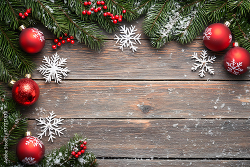 Christmas background with pine branches, snowflakes, and red decorations on a wooden tabletop, viewed from above.