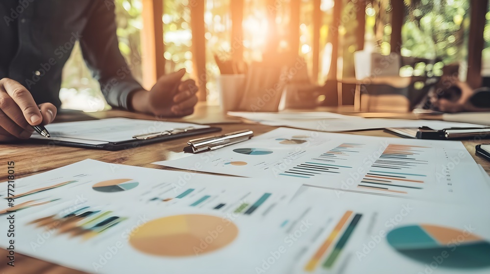 A close-up view of business charts and reports on a desk, illustrating analysis and strategy in a serene workspace.