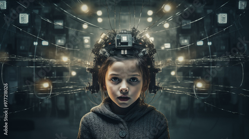 Kind mit technischem Helm auf dem Kopf  in einem Netzwerk aus visualisierten Gedankenströmen und Lichtern. Konzept: Gedankenprogrammierung / Mind Control. Illustration