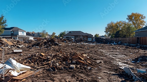 A demolition site captures a debris pile and wooden wreckage under a clear blue sky, illustrating the aftermath of destruction and urban renewal in a suburban neighborhood.