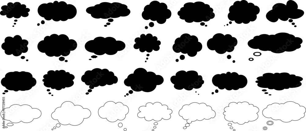 Thinking cloud, thought bubble vector icon in various shape with outlines, multiple versions for brainstorming design illustration, and conceptualization Thinking cloud, thought bubble vector icon in various shape with outlines, multiple versions for brainstorming design illustration, and conceptualization