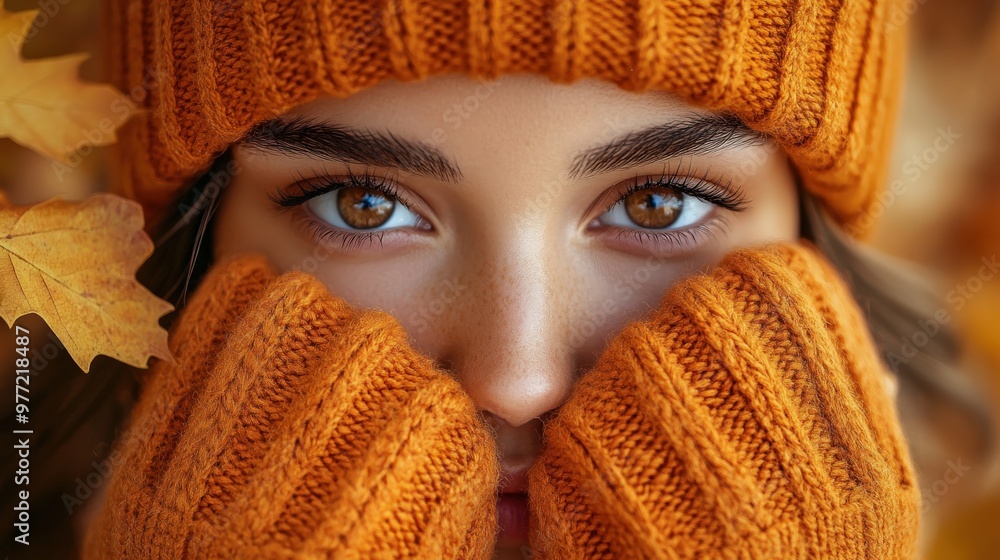Young Woman in Cozy Knit Hat and Sweater Playfully Enjoying Autumn Outdoors Young Woman in Cozy Knit Hat and Sweater Playfully Enjoying Autumn Outdoors