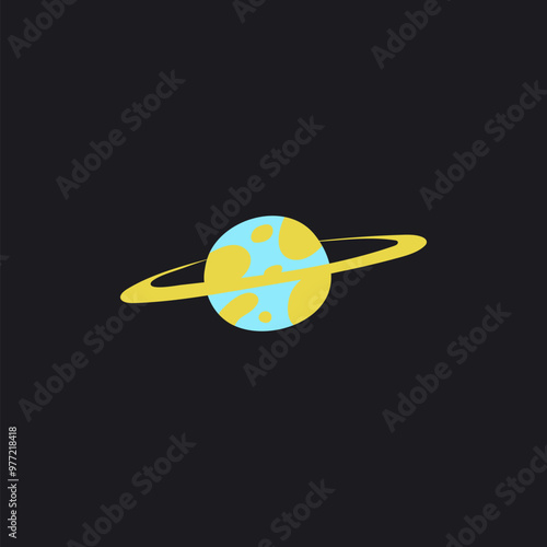 Blue planet with a yellow ring on a black background for children's design.