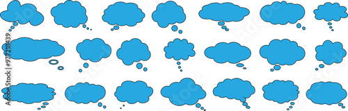 Cloud speech bubbles, blue thought bubbles clipart vector for communication concept isolated on white