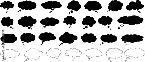Thinking cloud, thought bubble vector icon in various shape with outlines, multiple versions for brainstorming design illustration, and conceptualization