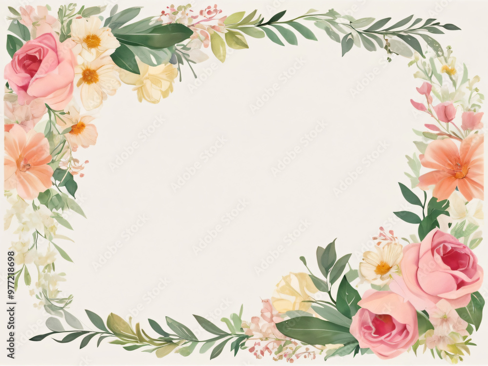 Fototapeta premium A blank wedding invitation adorned with a watercolor floral frame