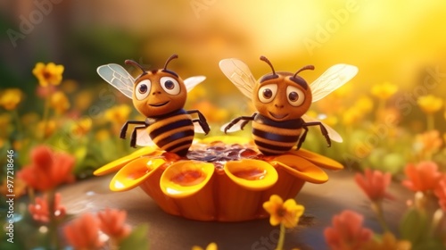 Two Bees on a Flower, Enjoying Honey