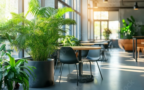 Bright and airy workspace with large potted plants and greenery, creating a refreshing and eco-friendly office setting, perfect for branding or design mockup, copy space, selective focus