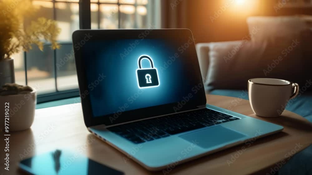 Laptop screen displaying a lock symbol in a cozy home setting, highlighting secure remote access with a focus on cybersecurity. Laptop screen displaying a lock symbol in a cozy home setting, highlighting secure remote access with a focus on cybersecurity.