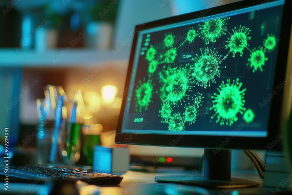 Naklejka premium Monitor displaying Mpox virus spread data in a scientific research setting close-up bright lighting