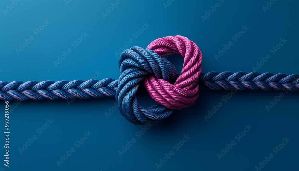 ropes of different colors tied into a knot, blue background, concept of infinity and connection, relationships and friendship, symbolizing unity and strength, teamwork and partnership ropes of different colors tied into a knot, blue background, concept of infinity and connection, relationships and friendship, symbolizing unity and strength, teamwork and partnership