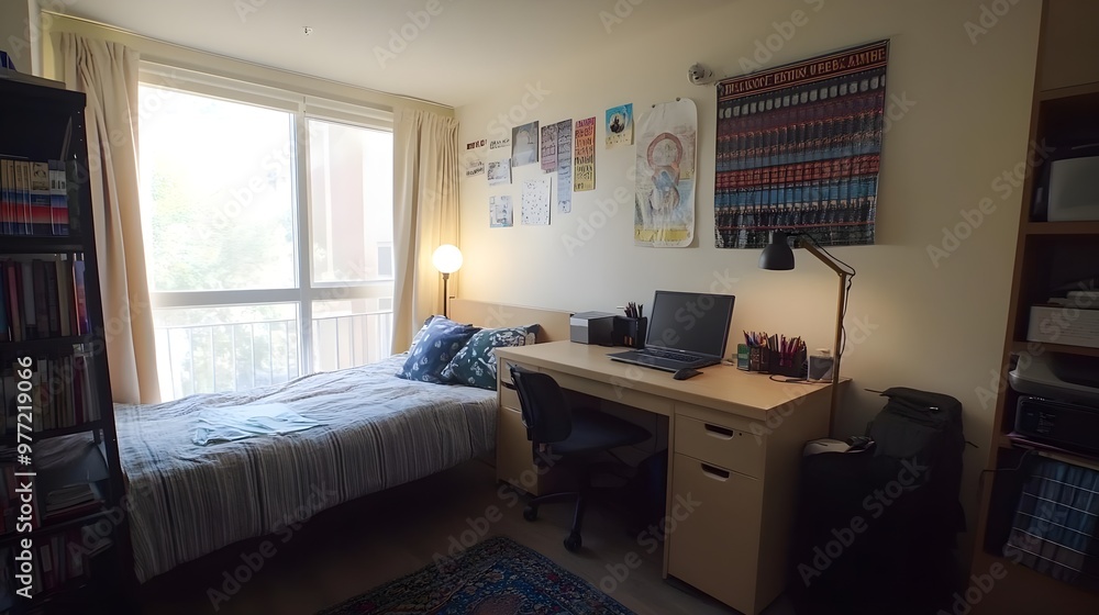 A cozy and organized bedroom featuring a bed, desk, and bookshelf, perfect for students or home office setups. A cozy and organized bedroom featuring a bed, desk, and bookshelf, perfect for students or home office setups.