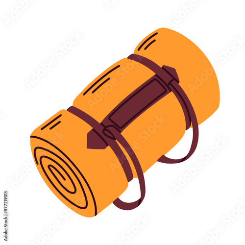 Orange rolled-up camping blanket, perfect for outdoor activities like hiking, tourism, picnics, and travel. Foam mattress. Compact and portable, ideal for staying warm and cozy. Isolated on white.