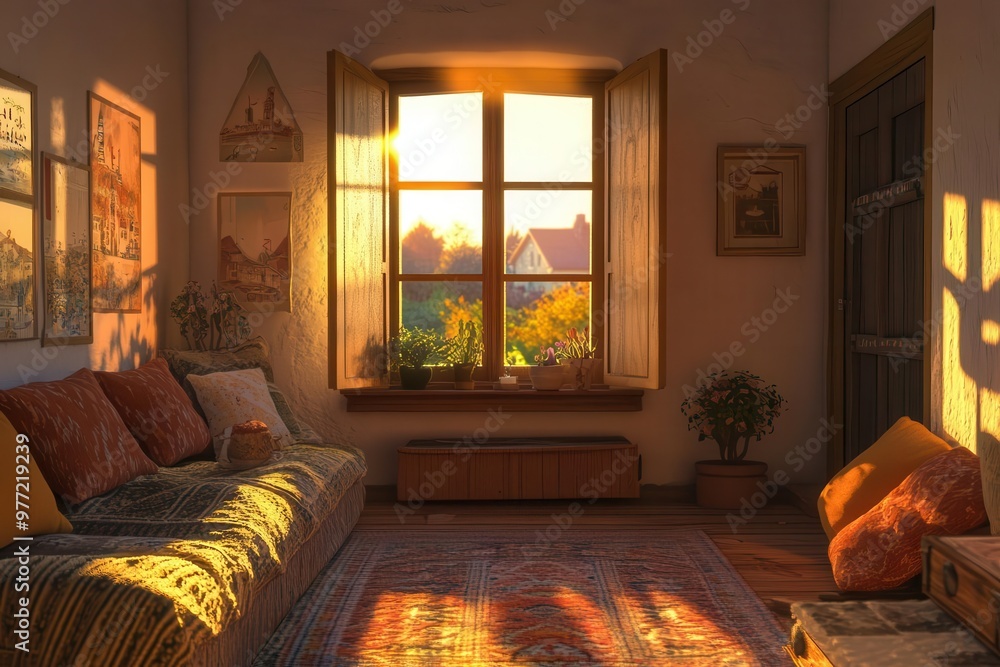 Fototapeta premium Warm and inviting interior of a home bathed in the golden light of a sunset, with a view of the countryside through the window, creating a peaceful, relaxing atmosphere.