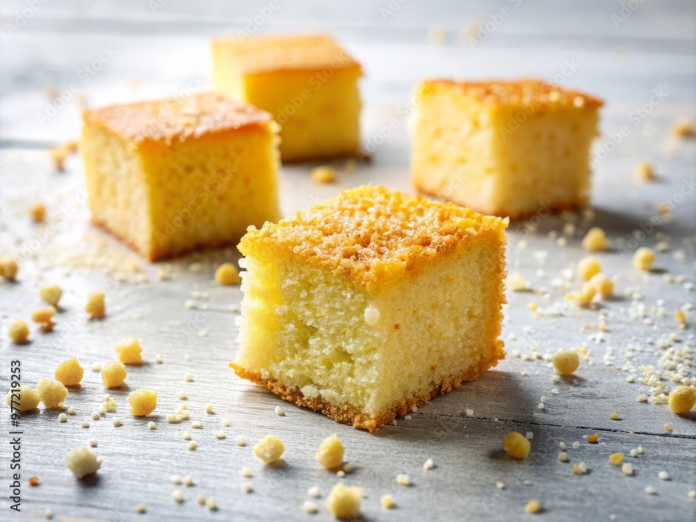 Golden semolina cake fragments scattered on a pristine white surface, with a few stray crumbs and a subtle sweet blur Golden semolina cake fragments scattered on a pristine white surface, with a few stray crumbs and a subtle sweet blur