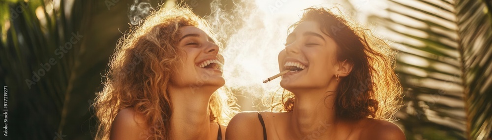 custom made wallpaper toronto digitalFriends laughing and smoking weed in a joyful tropical setting side view warm golden light