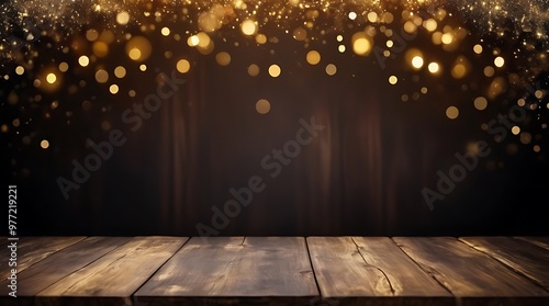 abstract glowing particle bokeh with empty wooden background, festival background, copy space for display of product, AI Generative