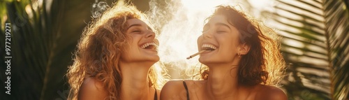 Wallpaper Mural Friends laughing and smoking weed in a joyful tropical setting side view warm golden light Torontodigital.ca