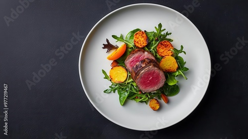 Wallpaper Mural Modern plating of a meat dish, with sousvide slices, charred vegetables, and a vertical garnish of crispfried shallots Torontodigital.ca