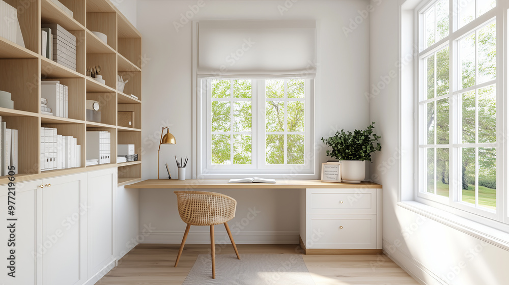 Fototapeta premium Bright home office with built-in shelves, wooden desk, and large windows
