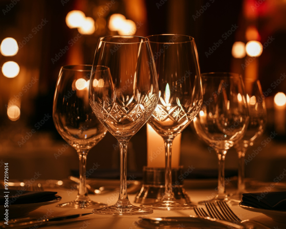 Luxury wine glasses in fancy restaurant with bokeh background at night Luxury wine glasses in fancy restaurant with bokeh background at night