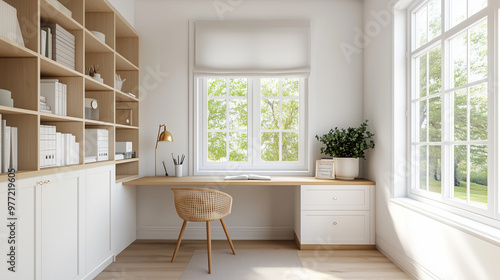 Wallpaper Mural Bright home office with built-in shelves, wooden desk, and large windows Torontodigital.ca