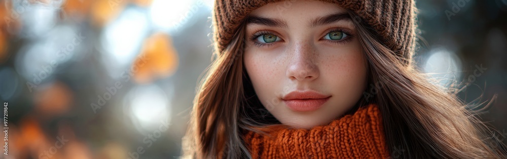 Young Woman in Cozy Knit Hat and Sweater Playfully Enjoying Autumn Outdoors Young Woman in Cozy Knit Hat and Sweater Playfully Enjoying Autumn Outdoors