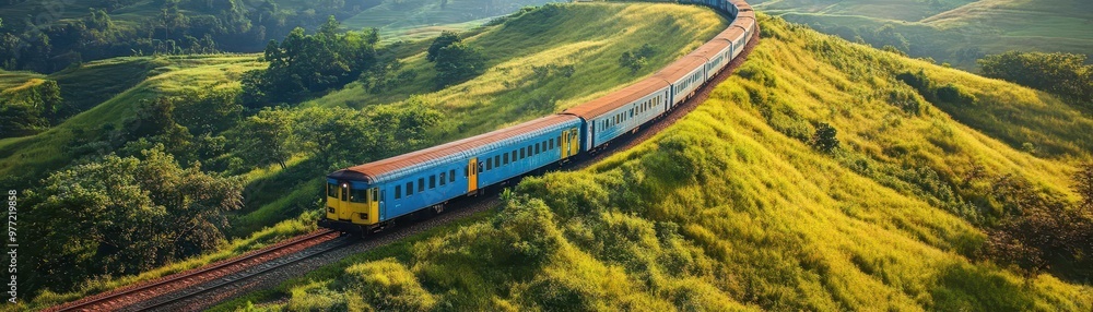 A brightly colored train winds through rolling green hills in a sunlit scenic landscape, capturing the beauty of nature and the tranquility of countryside travel.
A brightly colored train winds through rolling green hills in a sunlit scenic landscape, capturing the beauty of nature and the tranquility of countryside travel.