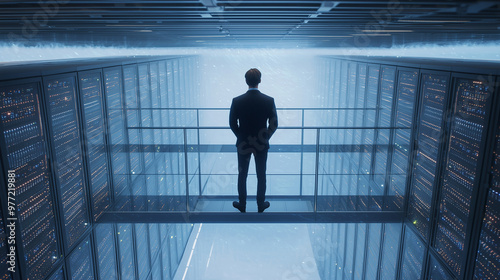 analyst engineer standing on a glass railing or balcony on the second floor, looking down at the cloud data center below. The data center should be filled with rows of servers and photo