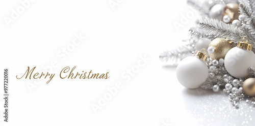 A festive Christmas background with golden and silver decorations, including white beads and ornaments on the right side of the picture, and 