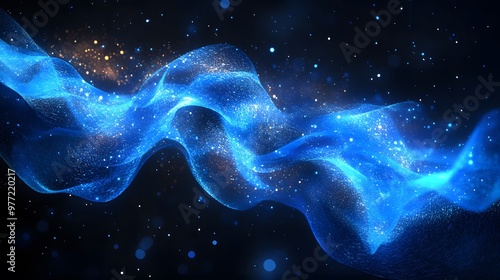 An ethereal blue energy wave glows against a black background, featuring dynamic flow and smooth curves, creating a vibrant sci-fi aesthetic with abstract digital art.