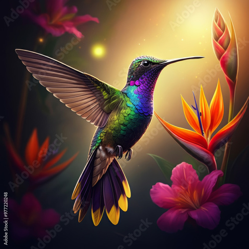 Fantasy hummingbird flying with flowers background