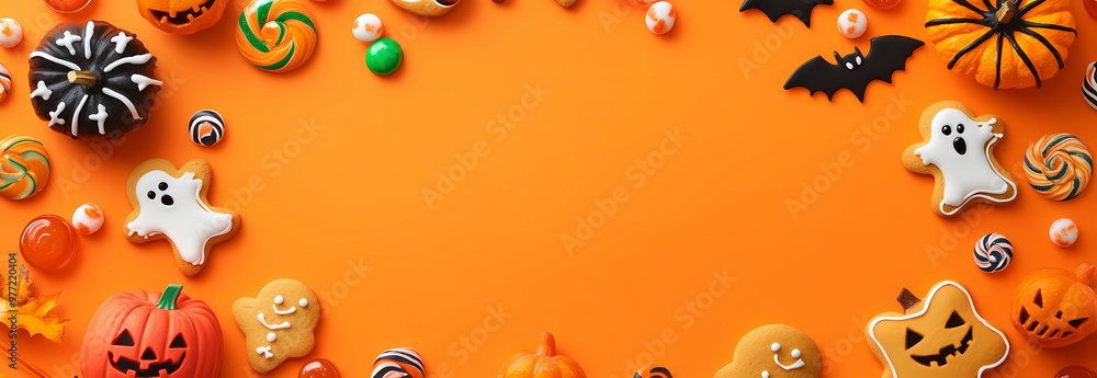 A horizontal border of cute Halloween cookies and candy on an orange background with copy space, top view, flat lay, Halloween concept A horizontal border of cute Halloween cookies and candy on an orange background with copy space, top view, flat lay, Halloween concept