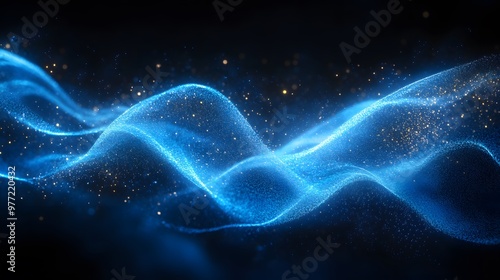 An ethereal blue energy wave glows against a black background, featuring dynamic flow and smooth curves, creating a vibrant sci-fi aesthetic with abstract digital art.