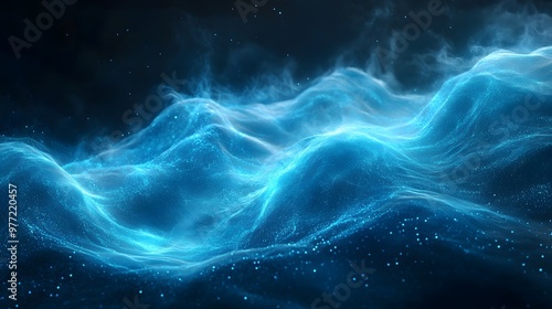 An ethereal blue energy wave glows against a black background, featuring dynamic flow and smooth curves, creating a vibrant sci-fi aesthetic with abstract digital art.